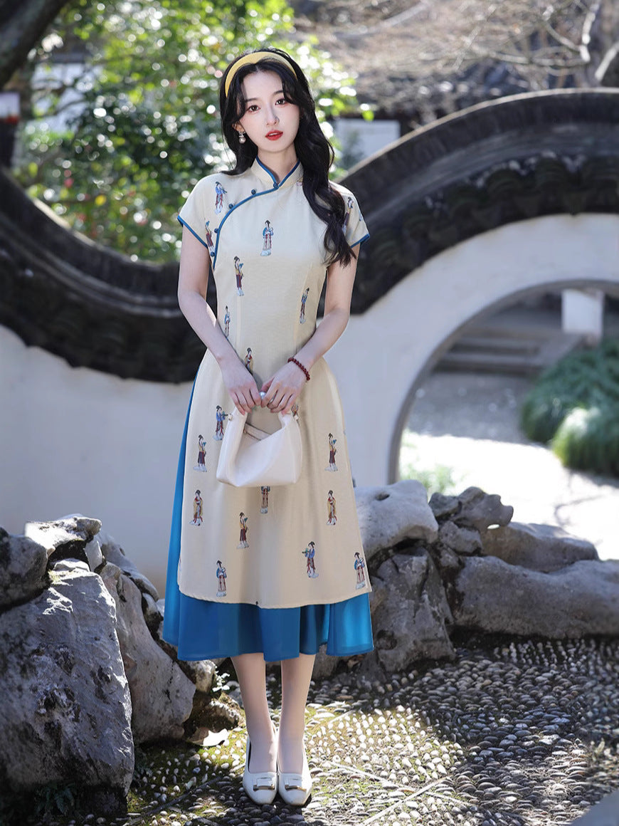 Full-body outdoor view of a woman standing in the Two-Tone Grace Modern Ao Dai Dress beside a curved stone bridge. The yellow-and-blue modern Ao Dai dress merges classic Vietnamese design with refined contemporary style. 